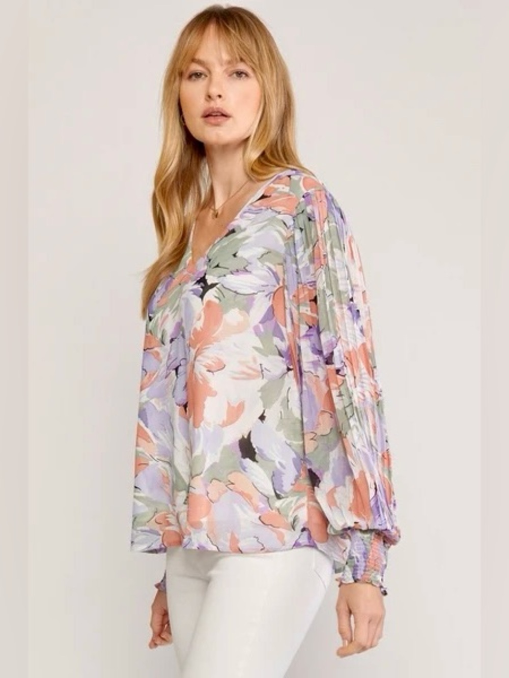 Entro Floral V-Neck Blouse Size L Pastel Lavender Peach Balloon Sleeve - Picture 6 of 16